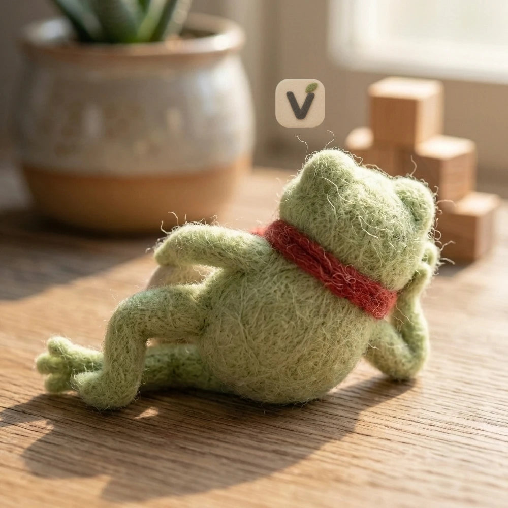 Handmade Wool Felt Lucky Money Frog Figurine with Red Scarf and Dollar Sign Coin – Desktop Decor Ornament