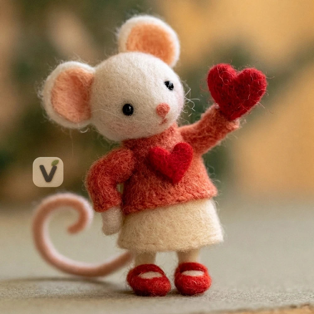 Handmade Wool Felt Valentine White Mouse Figurine with Red Hearts Outfit – Desktop Love Theme Ornament