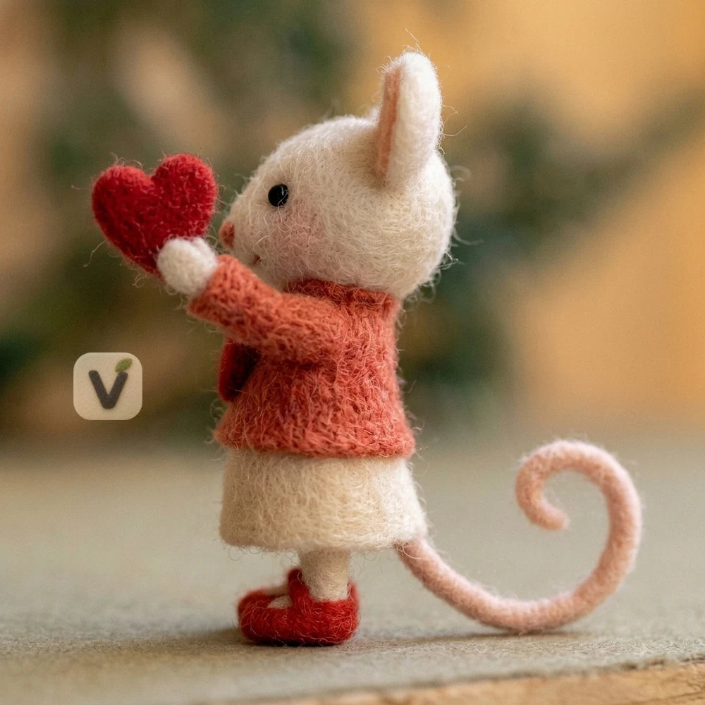 Handmade Wool Felt Valentine White Mouse Figurine with Red Hearts Outfit – Desktop Love Theme Ornament