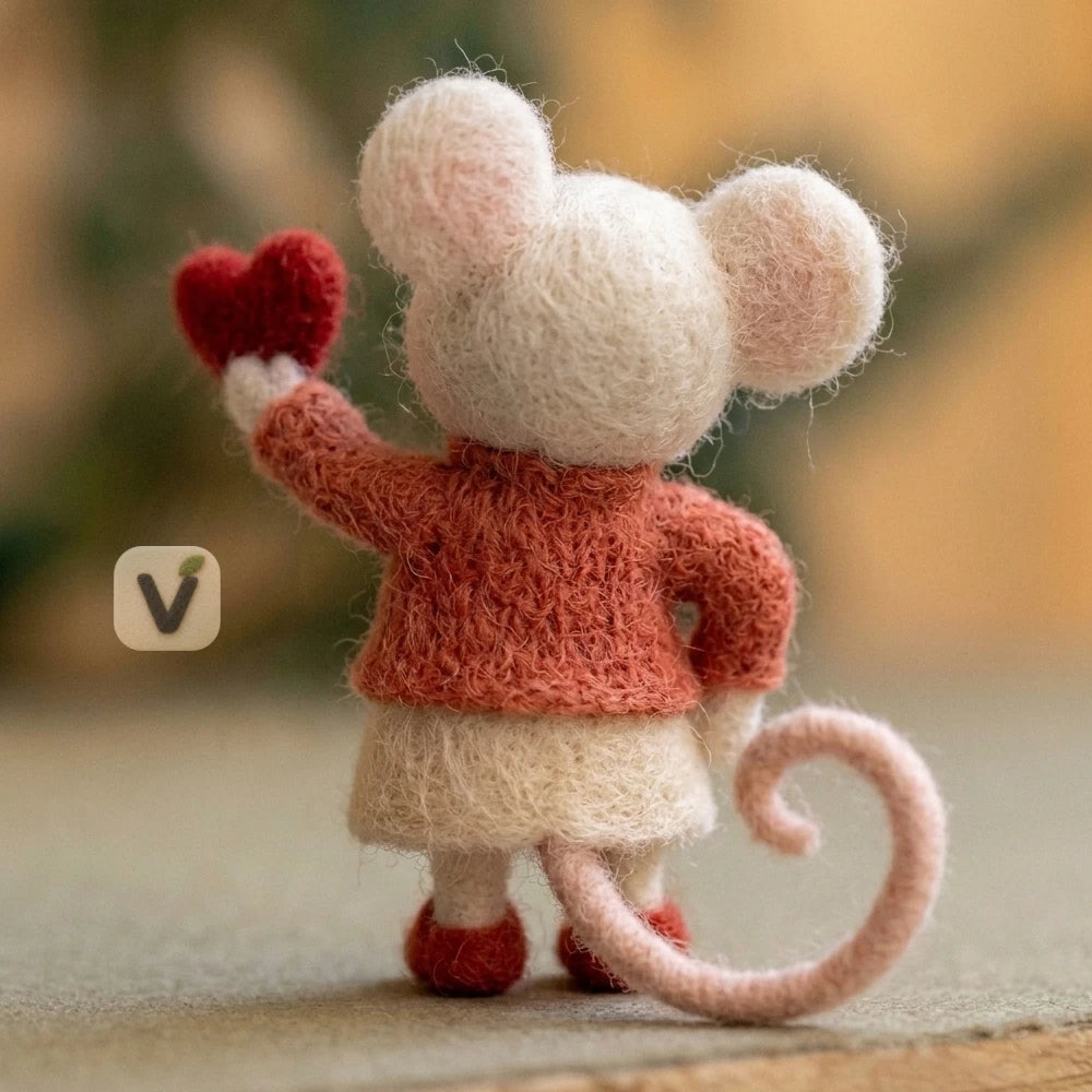 Handmade Wool Felt Valentine White Mouse Figurine with Red Hearts Outfit – Desktop Love Theme Ornament