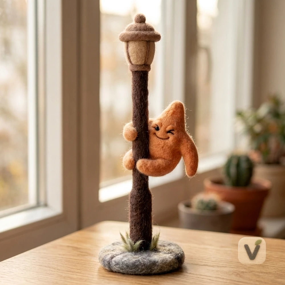 Handmade Wool Felt Winking Star Hugger with Street Lamp Base Set – Desktop Scene Ornament