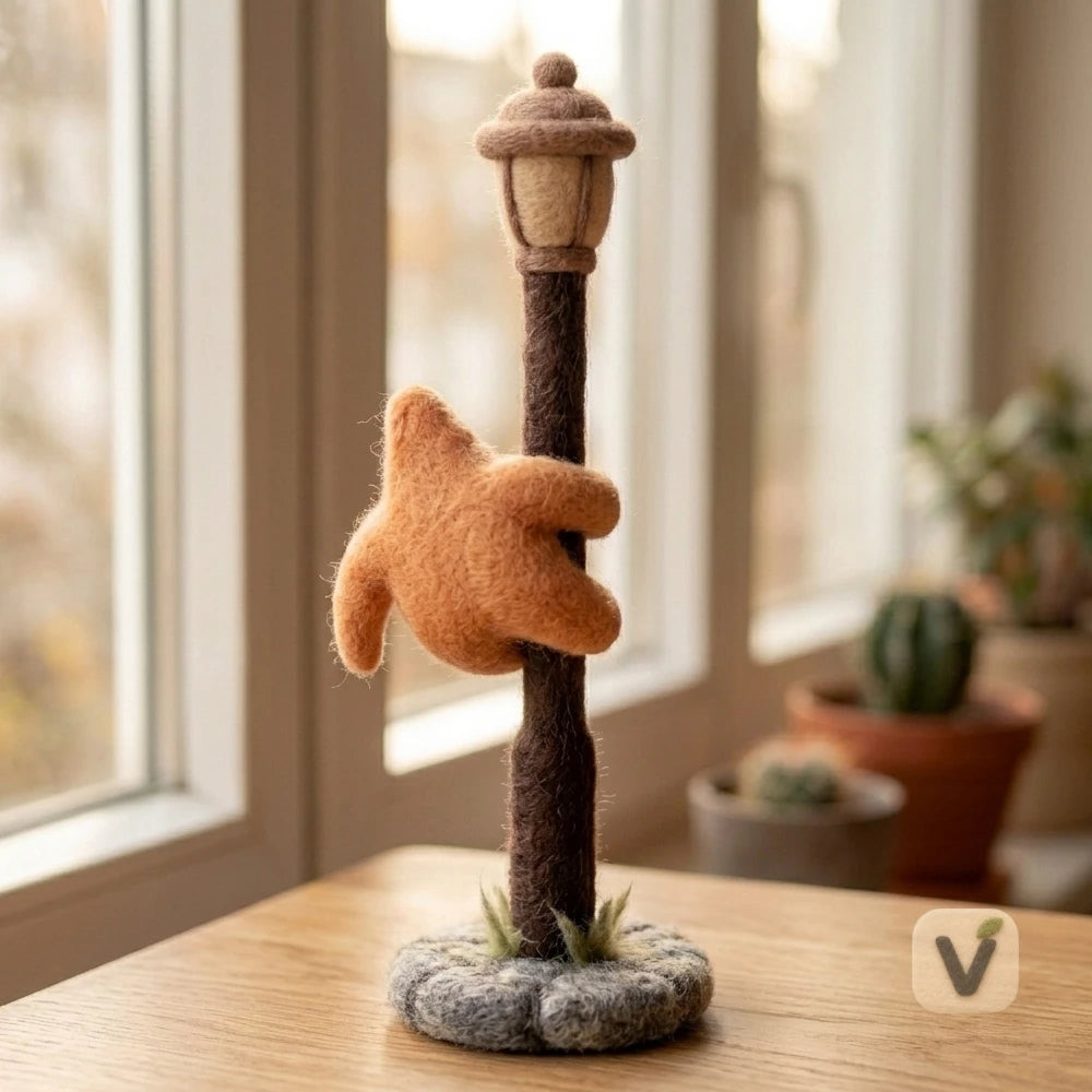 Handmade Wool Felt Winking Star Hugger with Street Lamp Base Set – Desktop Scene Ornament