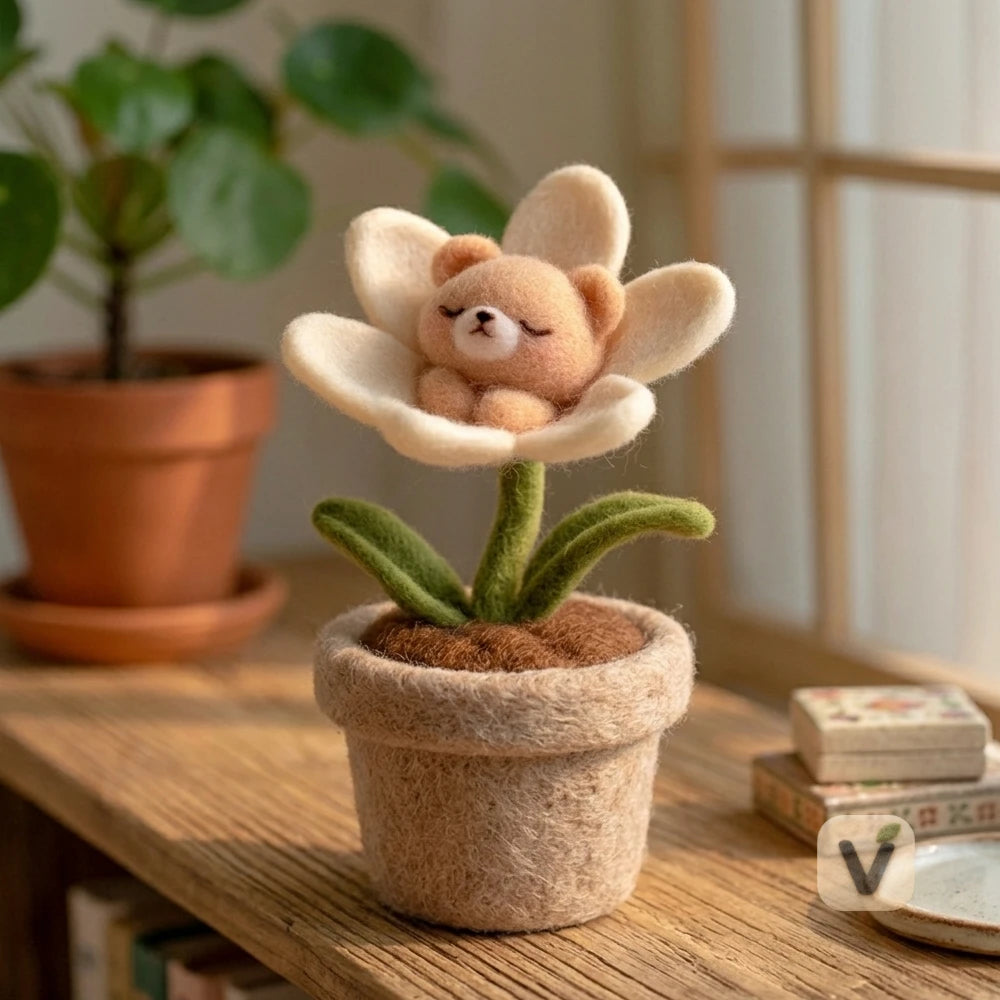 Handmade Wool Felt Potted Flower Figurine with Sleeping Animal (Bear / Elephant / Pig Option) – Desktop Mini Potted Ornament