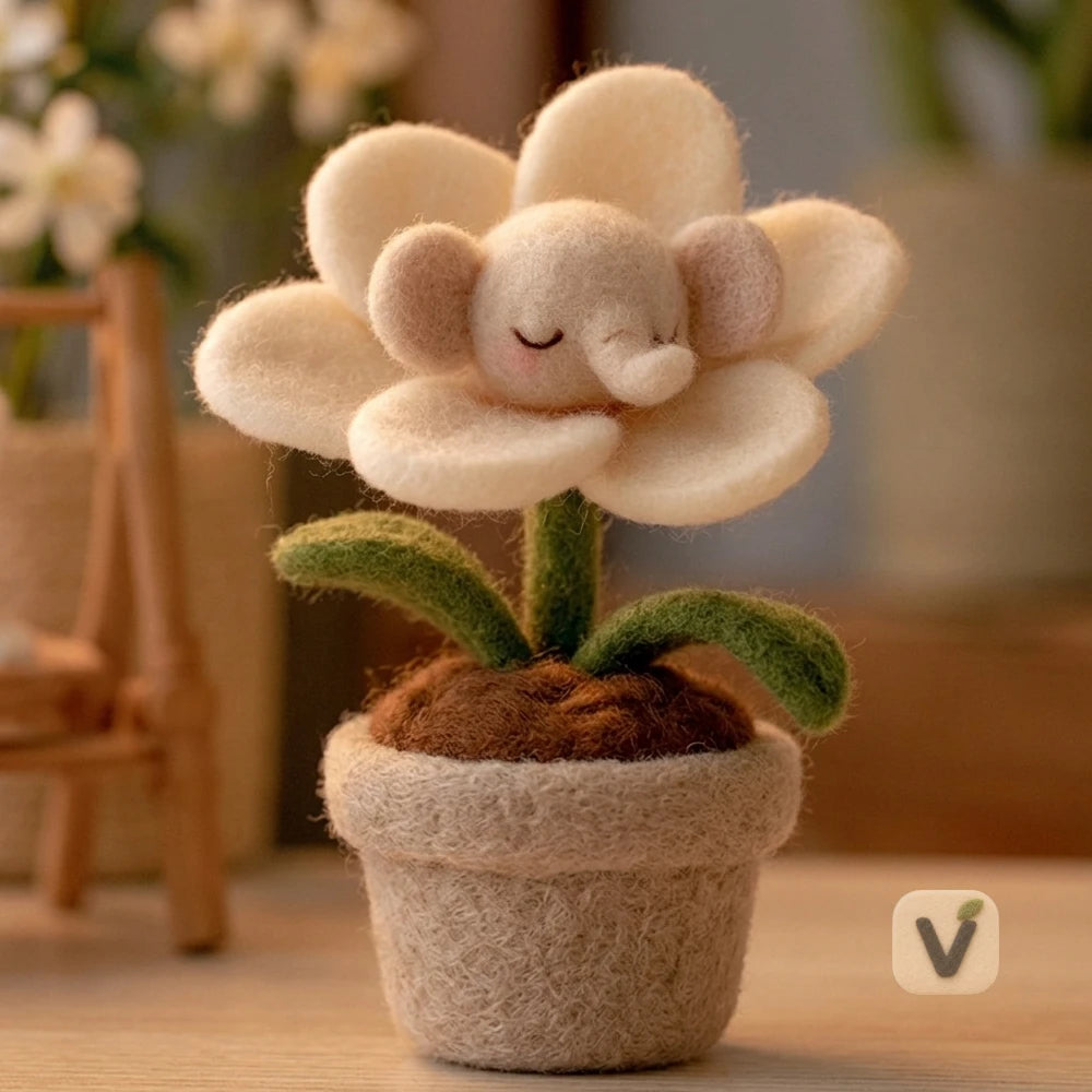 Handmade Wool Felt Potted Flower Figurine with Sleeping Animal (Bear / Elephant / Pig Option) – Desktop Mini Potted Ornament