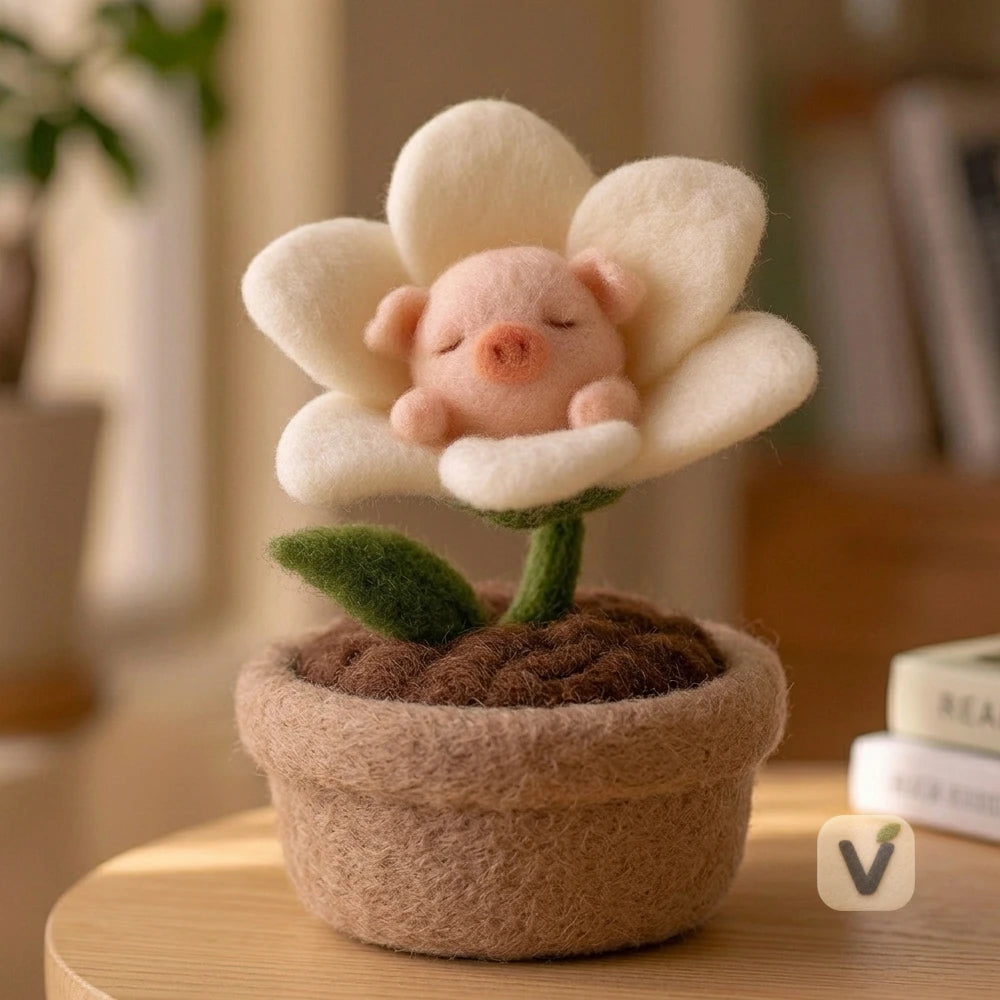 Handmade Wool Felt Potted Flower Figurine with Sleeping Animal (Bear / Elephant / Pig Option) – Desktop Mini Potted Ornament