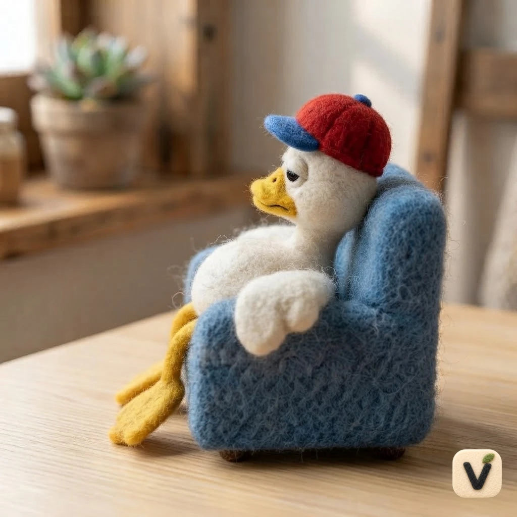 Handmade Wool Felt Lazy Duck with Baseball Cap on Mini Blue Sofa – Desktop Scene Ornament
