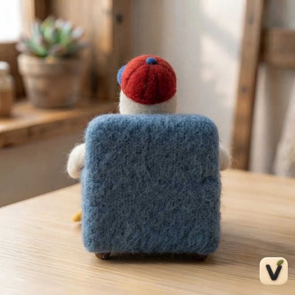 Handmade Wool Felt Lazy Duck with Baseball Cap on Mini Blue Sofa – Desktop Scene Ornament