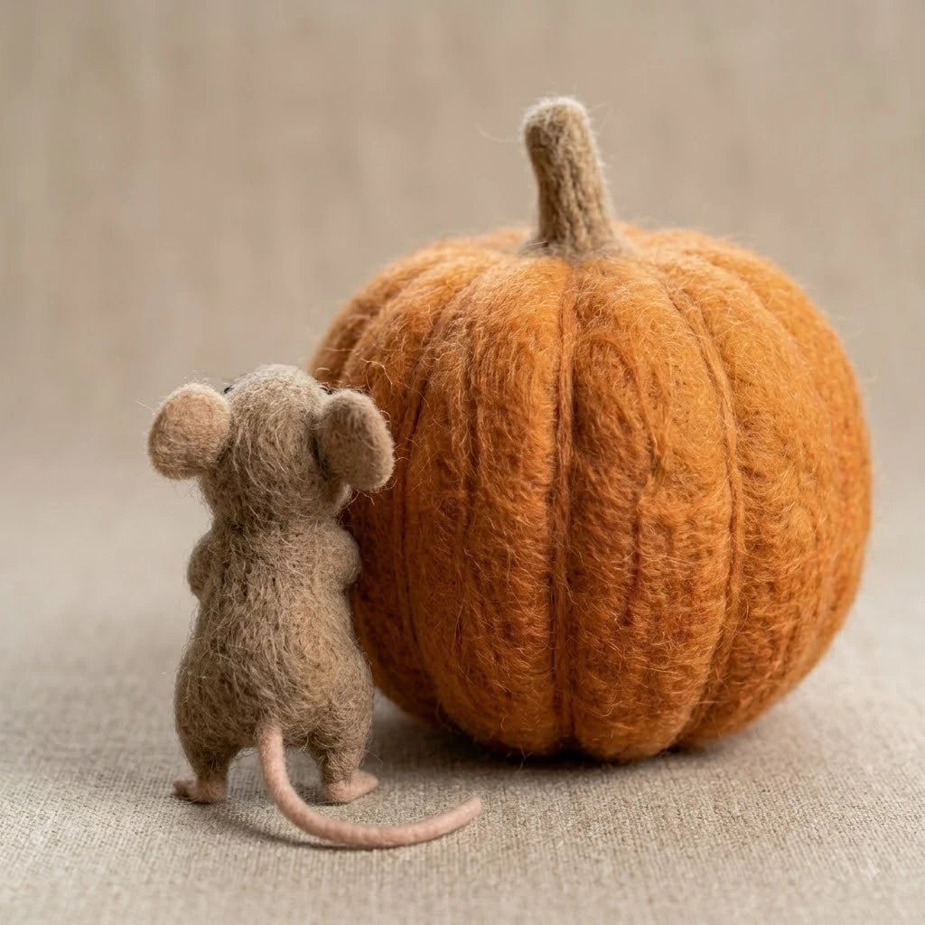 Handmade Wool Felt Little Mouse Pushing Pumpkin Figurine – Autumn Harvest Desktop Ornament