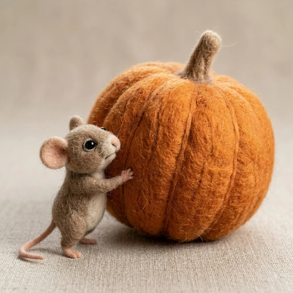Handmade Wool Felt Little Mouse Pushing Pumpkin Figurine – Autumn Harvest Desktop Ornament
