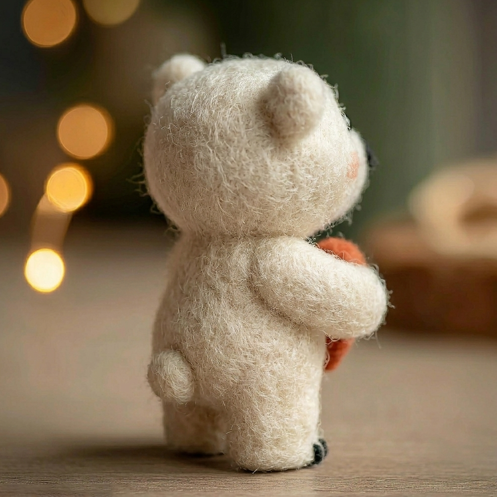Handmade Wool Felt Mini Polar Bear Holding Orange Heart Figurine – Warm Romantic Gift Decor