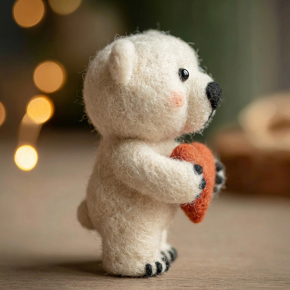 Handmade Wool Felt Mini Polar Bear Holding Orange Heart Figurine – Warm Romantic Gift Decor