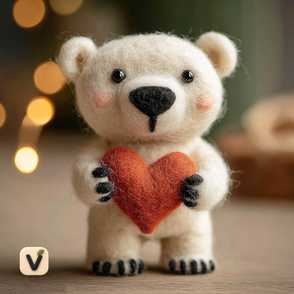 Handmade Wool Felt Mini Polar Bear Holding Orange Heart Figurine – Warm Romantic Gift Decor