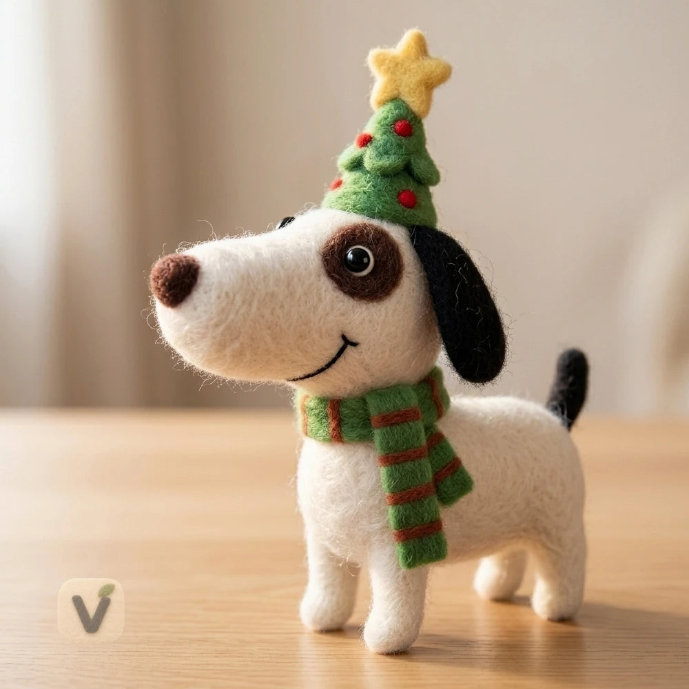 Handmade Wool Felt Christmas Dog Figurine with Christmas Tree Hat and Striped Scarf – Holiday Desktop Ornament