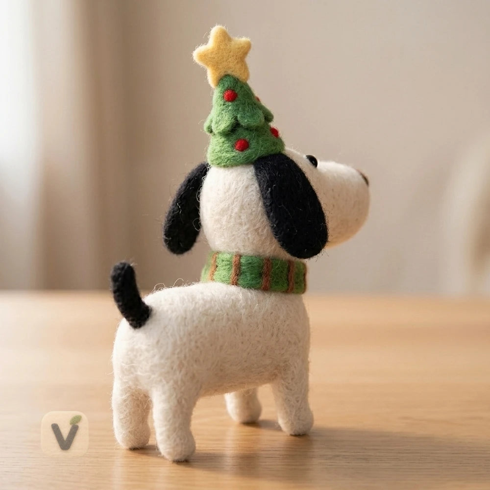 Handmade Wool Felt Christmas Dog Figurine with Christmas Tree Hat and Striped Scarf – Holiday Desktop Ornament