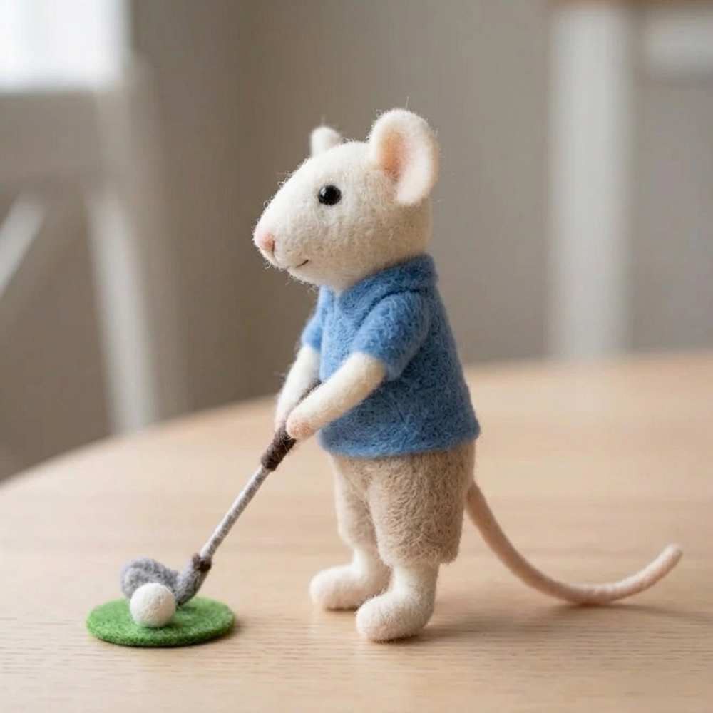 Handmade Wool Felt Golfing Mouse Figurine – Cute Sports Themed Decor