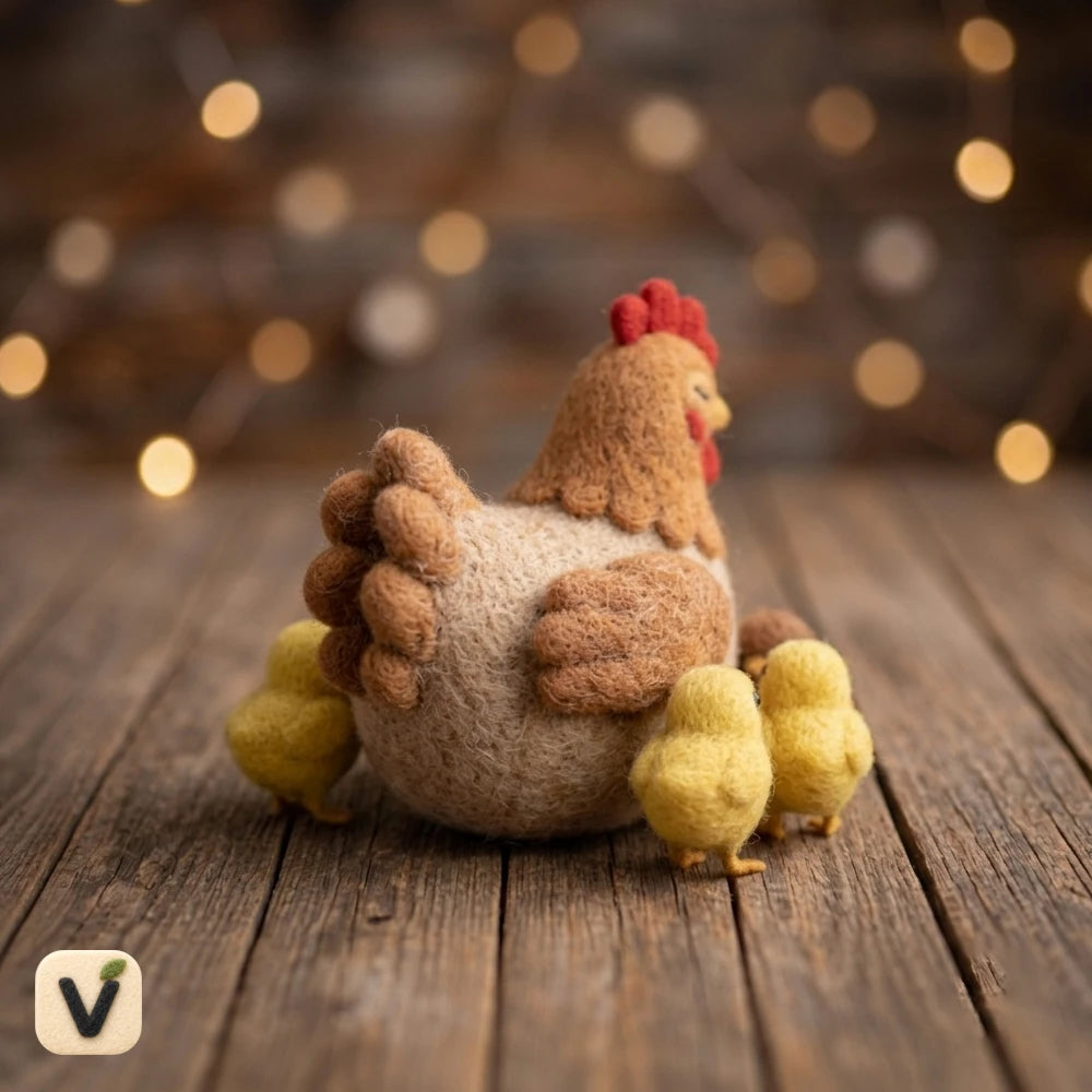 Handmade Wool Felt Mother Hen & Four Baby Chicks Figurine Set – Warm Farm Family Table Decor