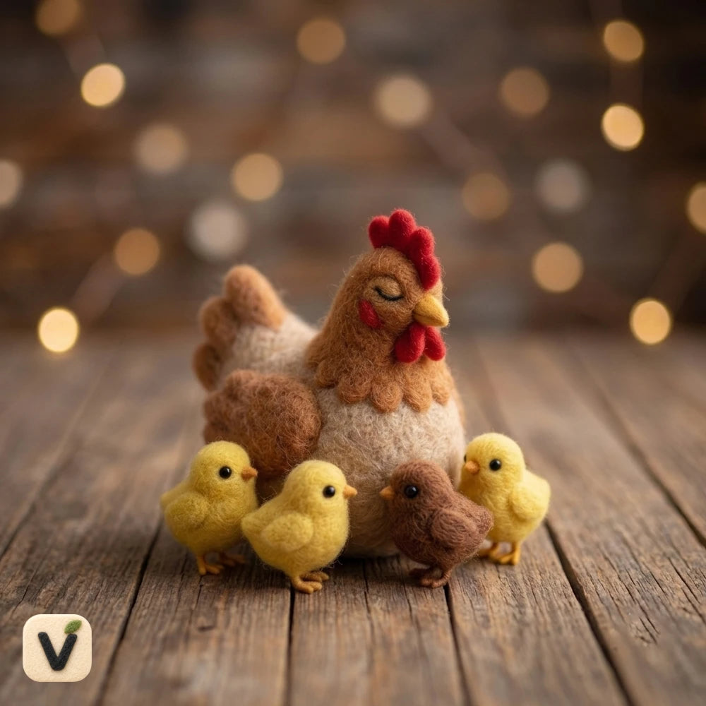 Handmade Wool Felt Mother Hen & Four Baby Chicks Figurine Set – Warm Farm Family Table Decor