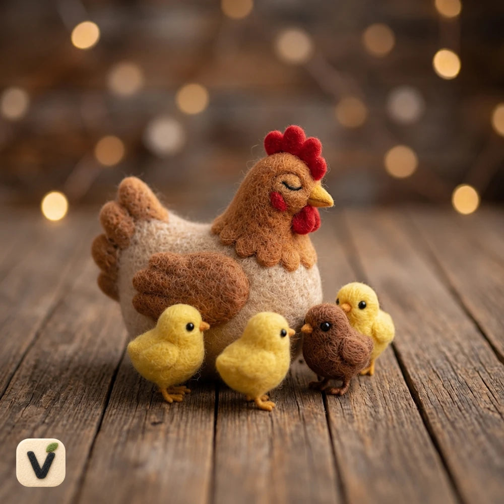 Handmade Wool Felt Mother Hen & Four Baby Chicks Figurine Set – Warm Farm Family Table Decor