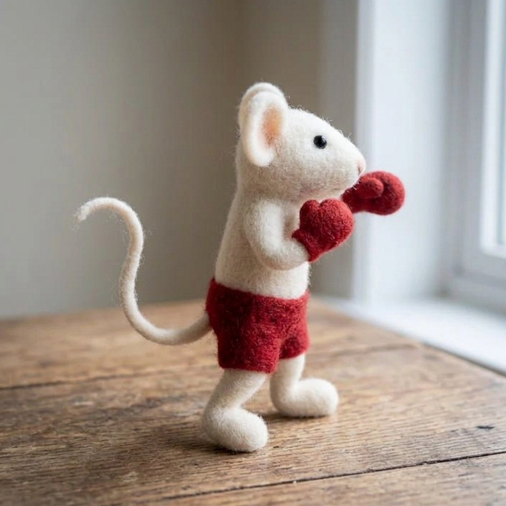 Handmade Wool Felt Boxing Mouse Figurine – Cute Whimsical Decor