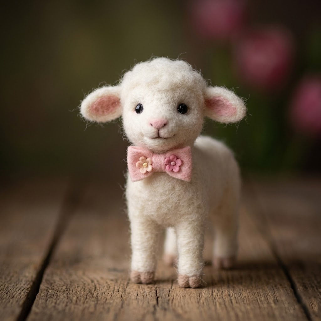 Handmade Wool Felt Lamb with Pink Bow Tie Figurine – Cute Whimsical Decor