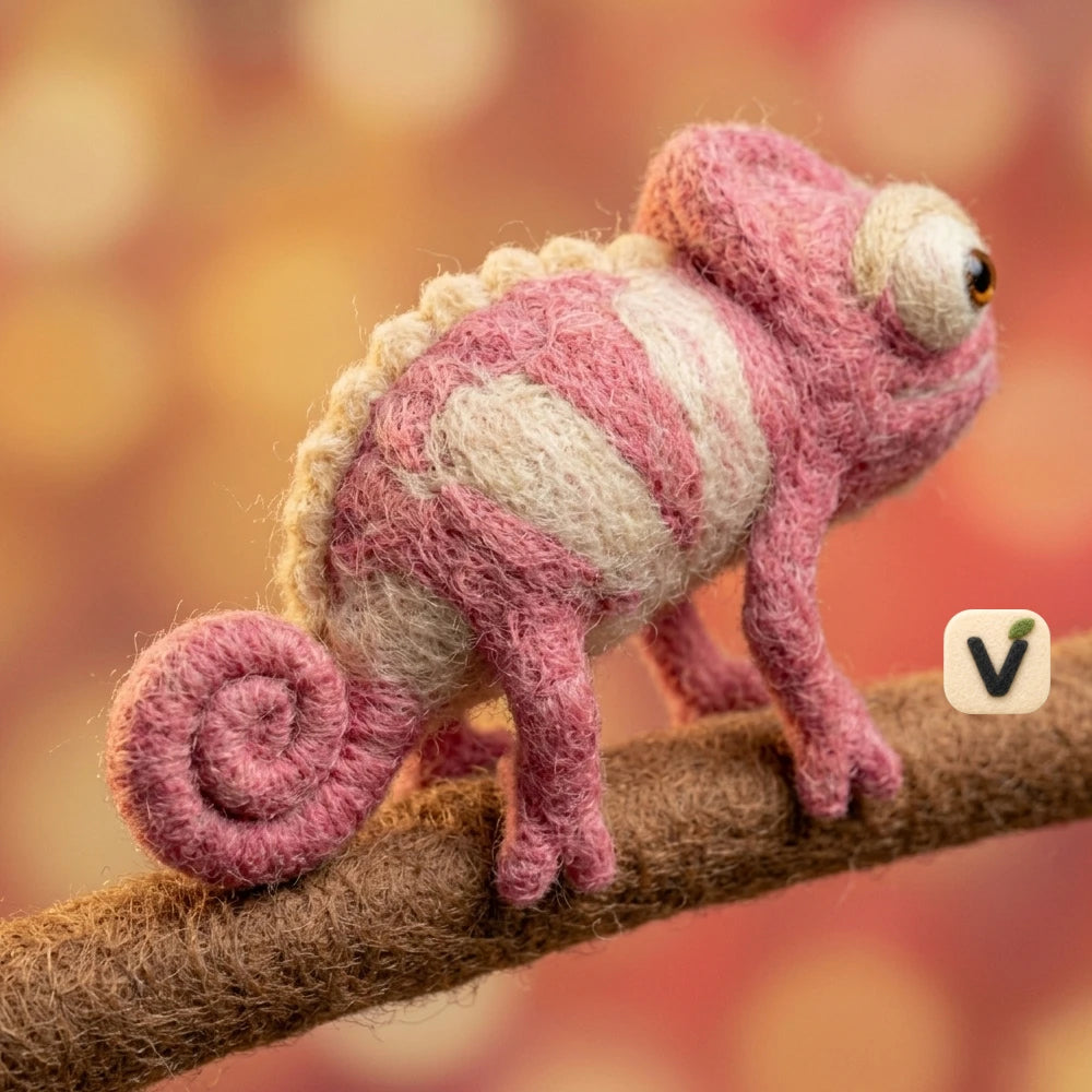 Handmade Wool Felt Pink Striped Chameleon Figurine with Branch Base – Cute Reptile Nature Decor