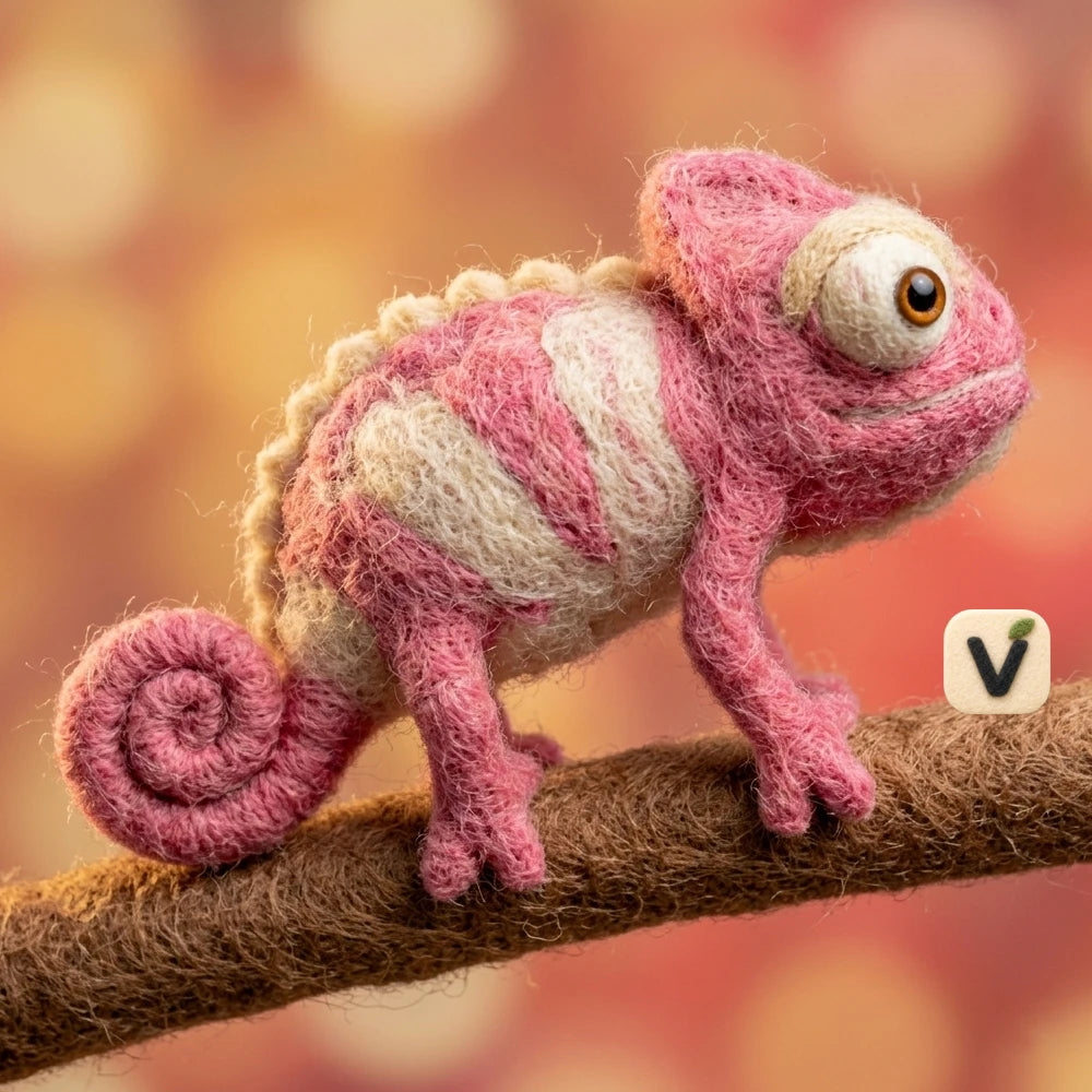 Handmade Wool Felt Pink Striped Chameleon Figurine with Branch Base – Cute Reptile Nature Decor