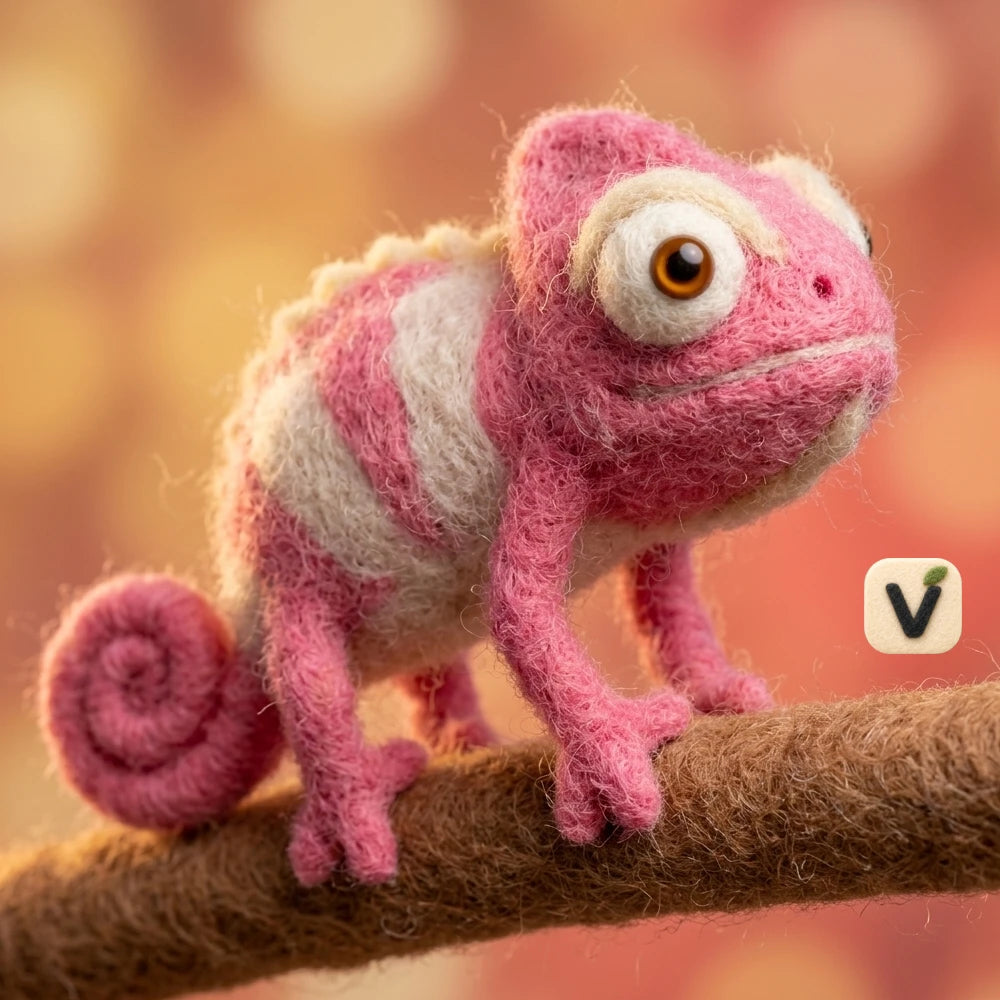 Handmade Wool Felt Pink Striped Chameleon Figurine with Branch Base – Cute Reptile Nature Decor