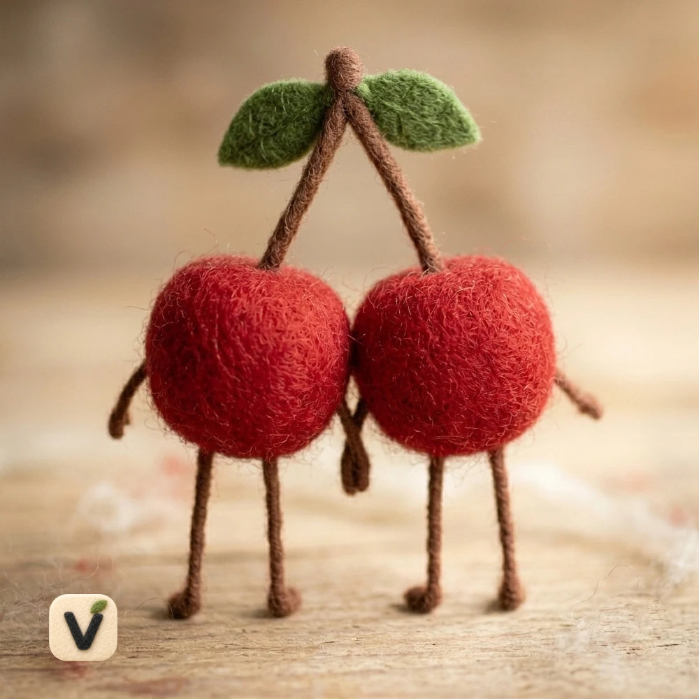 Handmade Wool Felt Cute Couple Cherry Figurine with Smiling Faces – Fruit Themed Desktop Decor