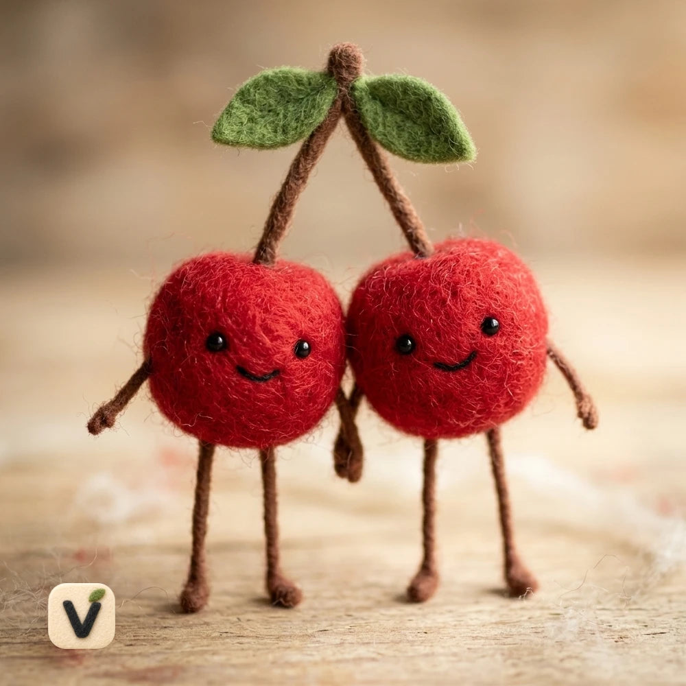 Handmade Wool Felt Cute Couple Cherry Figurine with Smiling Faces – Fruit Themed Desktop Decor