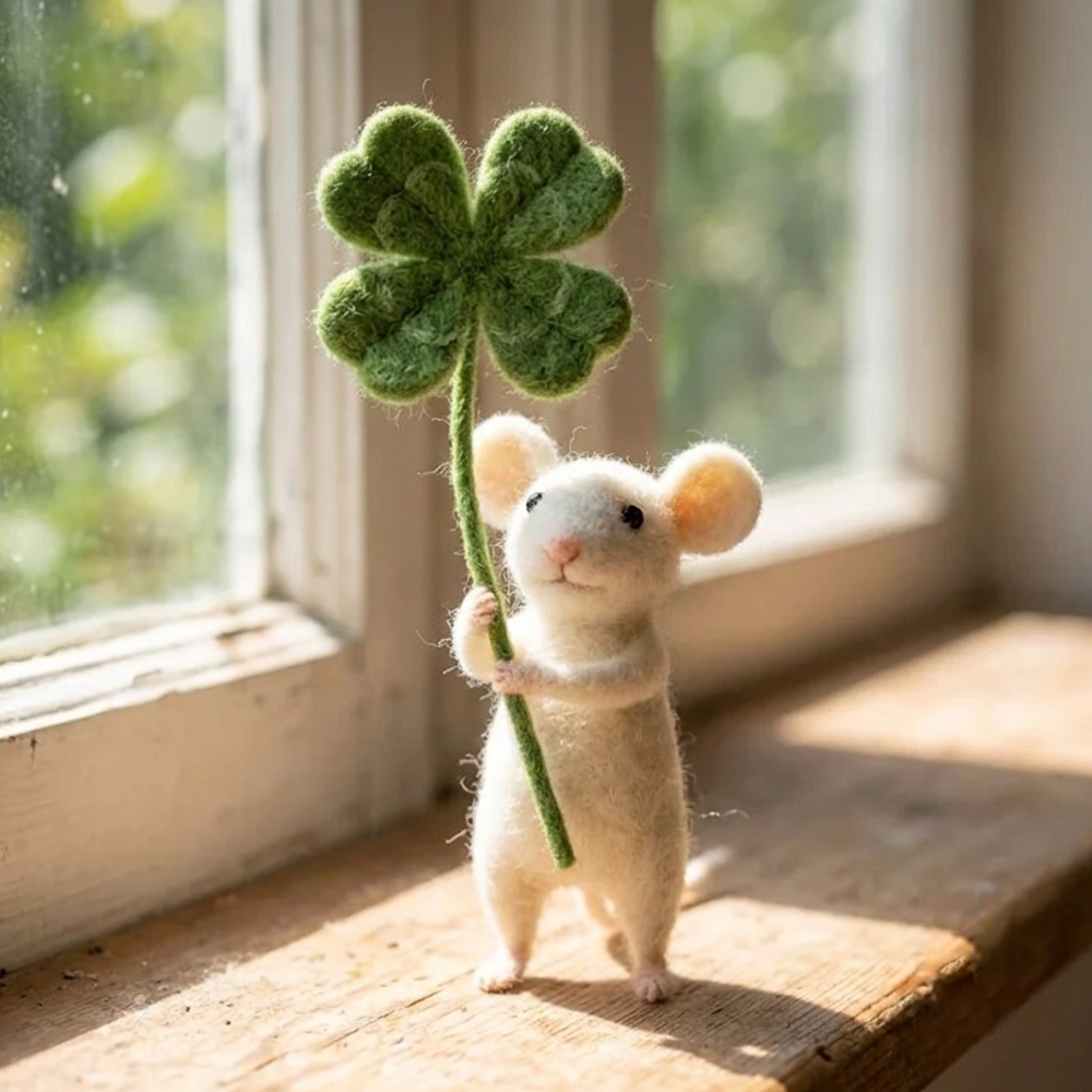 Handmade Wool Felt Lucky Clover Mouse Figurine – Whimsical Good Luck Decor
