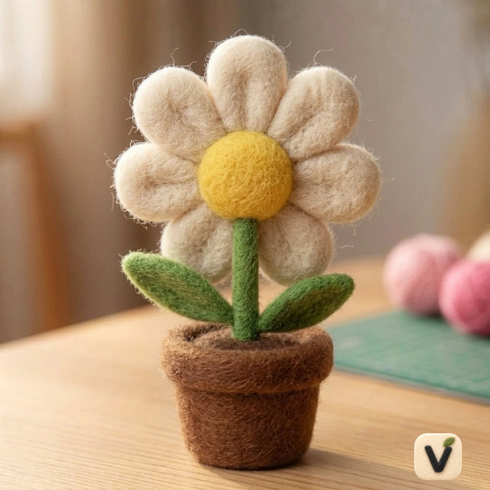 Handmade Wool Felt Cute Smiling Daisy Potted Figurine – Kawaii Mini Floral Tabletop Decor