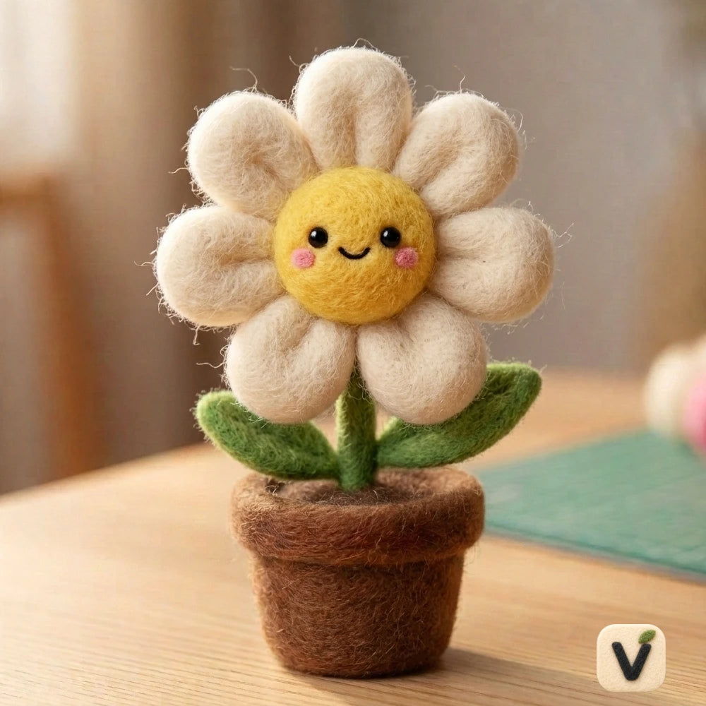 Handmade Wool Felt Cute Smiling Daisy Potted Figurine – Kawaii Mini Floral Tabletop Decor
