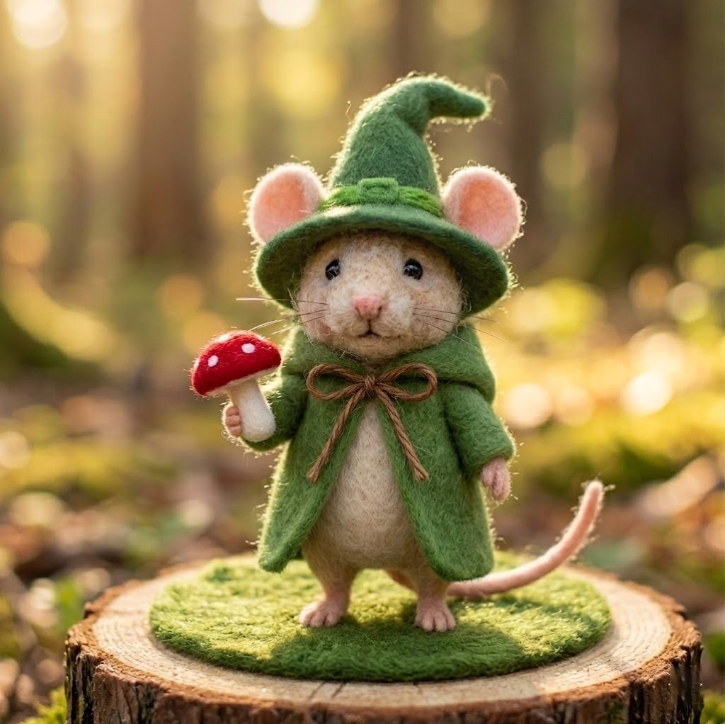 Handmade Wool Felt Forest Wizard Mouse Figurine – Whimsical Woodland Decor