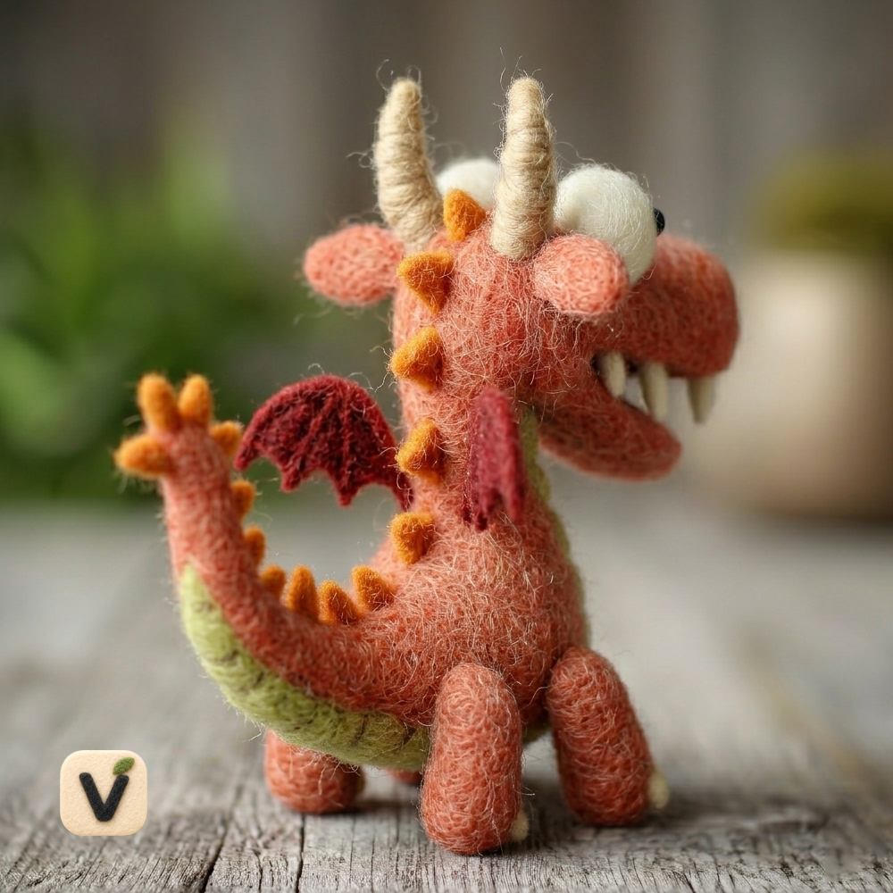 Handmade Wool Felt Cute Cartoon Red Baby Dragon Figurine – Fantasy Desk Decor