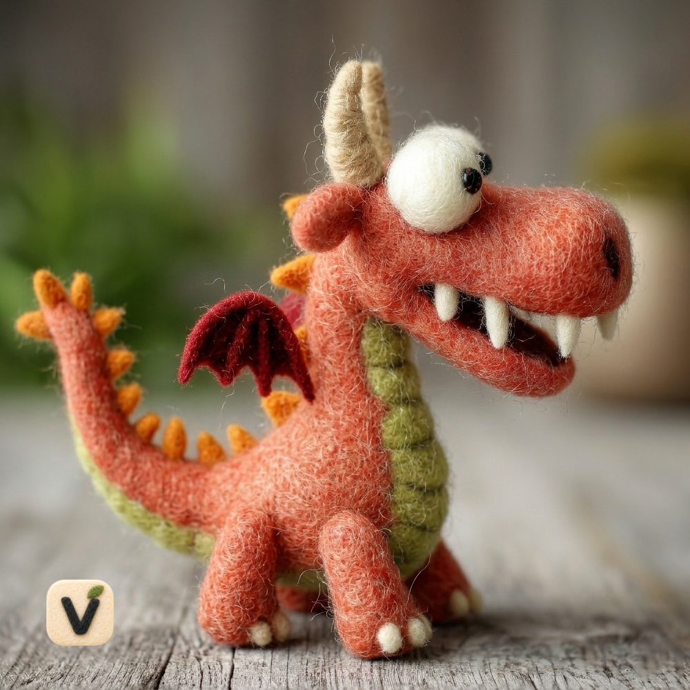 Handmade Wool Felt Cute Cartoon Red Baby Dragon Figurine – Fantasy Desk Decor