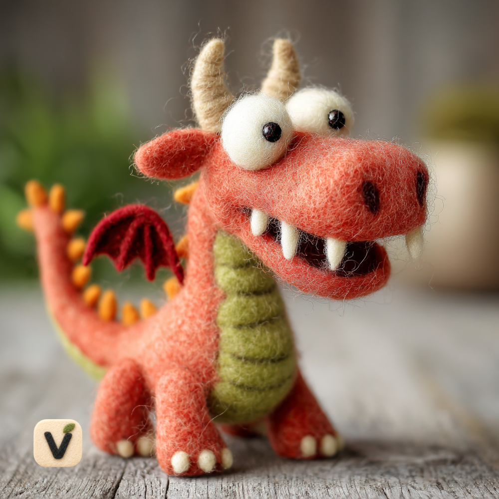 Handmade Wool Felt Cute Cartoon Red Baby Dragon Figurine – Fantasy Desk Decor