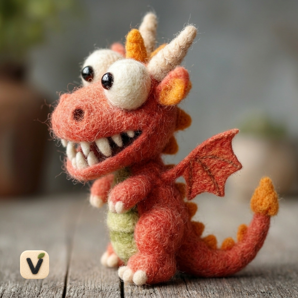 Handmade Wool Felt Cute Cartoon Red Baby Dragon Figurine – Fantasy Desk Decor