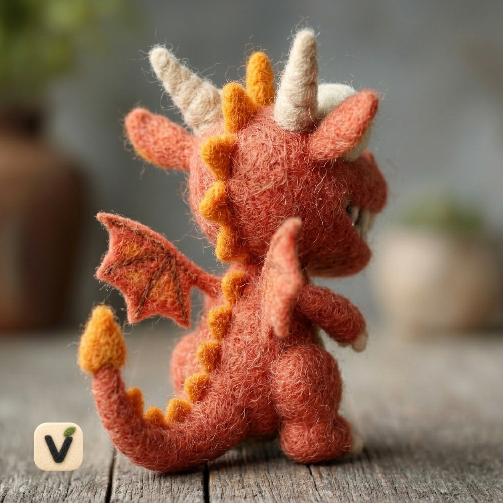 Handmade Wool Felt Cute Cartoon Red Baby Dragon Figurine – Fantasy Desk Decor