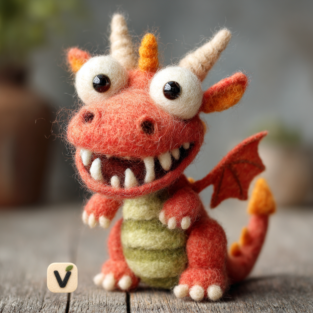 Handmade Wool Felt Cute Cartoon Red Baby Dragon Figurine – Fantasy Desk Decor