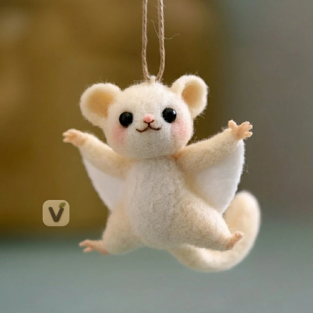 Handmade Wool Felt Cream Flying Squirrel Hanging Ornament – Cute Forest Animal Pendant Decor