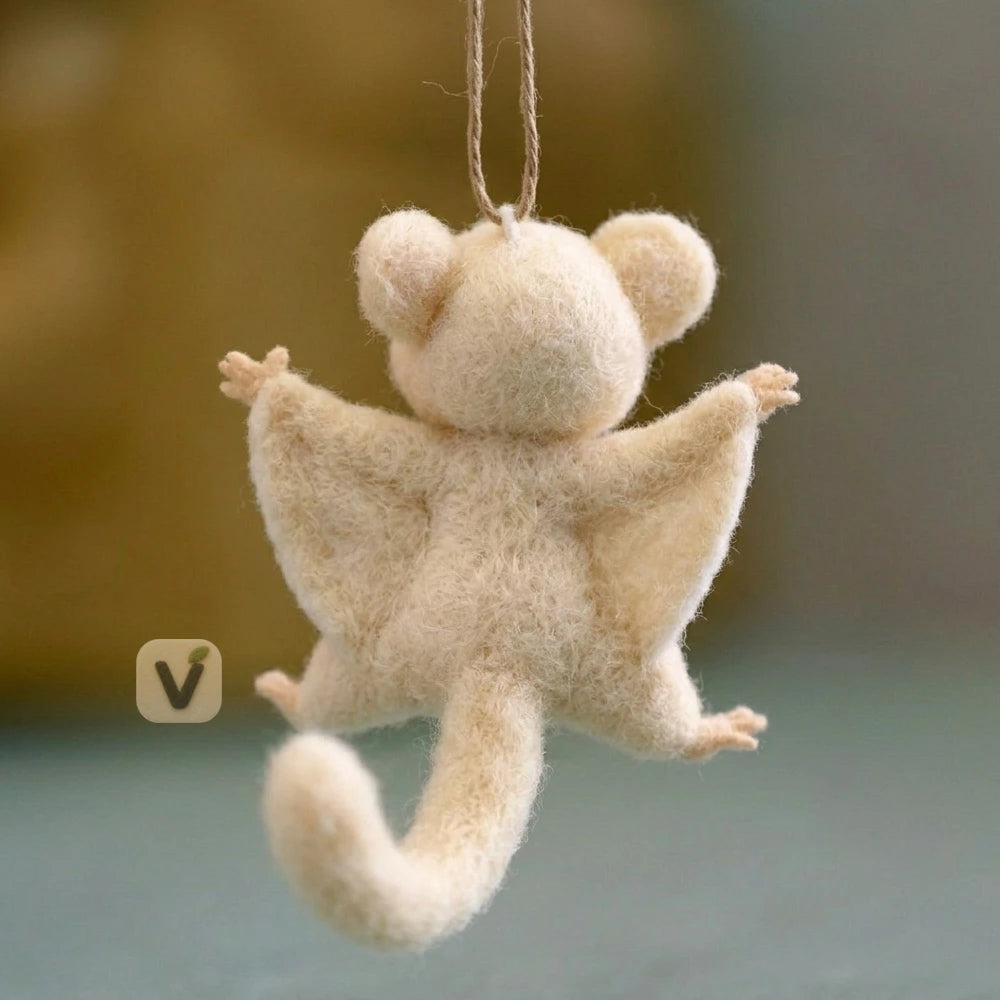 Handmade Wool Felt Cream Flying Squirrel Hanging Ornament – Cute Forest Animal Pendant Decor