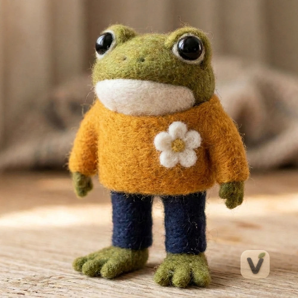 Handmade Wool Felt Standing Green Frog Wearing Orange Floral Sweater and Dark Blue Pants – Casual Cute Desktop Ornament