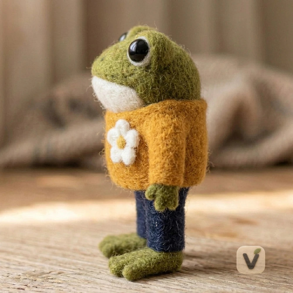 Handmade Wool Felt Standing Green Frog Wearing Orange Floral Sweater and Dark Blue Pants – Casual Cute Desktop Ornament
