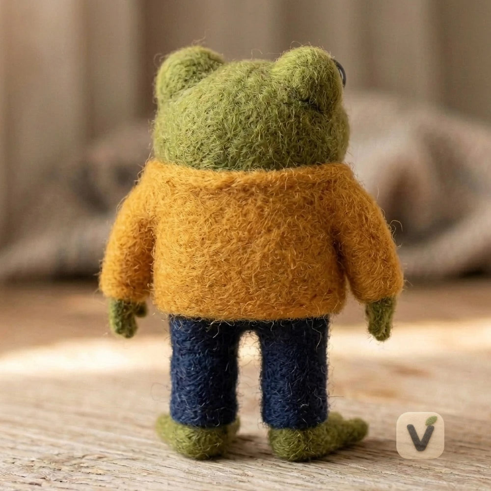 Handmade Wool Felt Standing Green Frog Wearing Orange Floral Sweater and Dark Blue Pants – Casual Cute Desktop Ornament