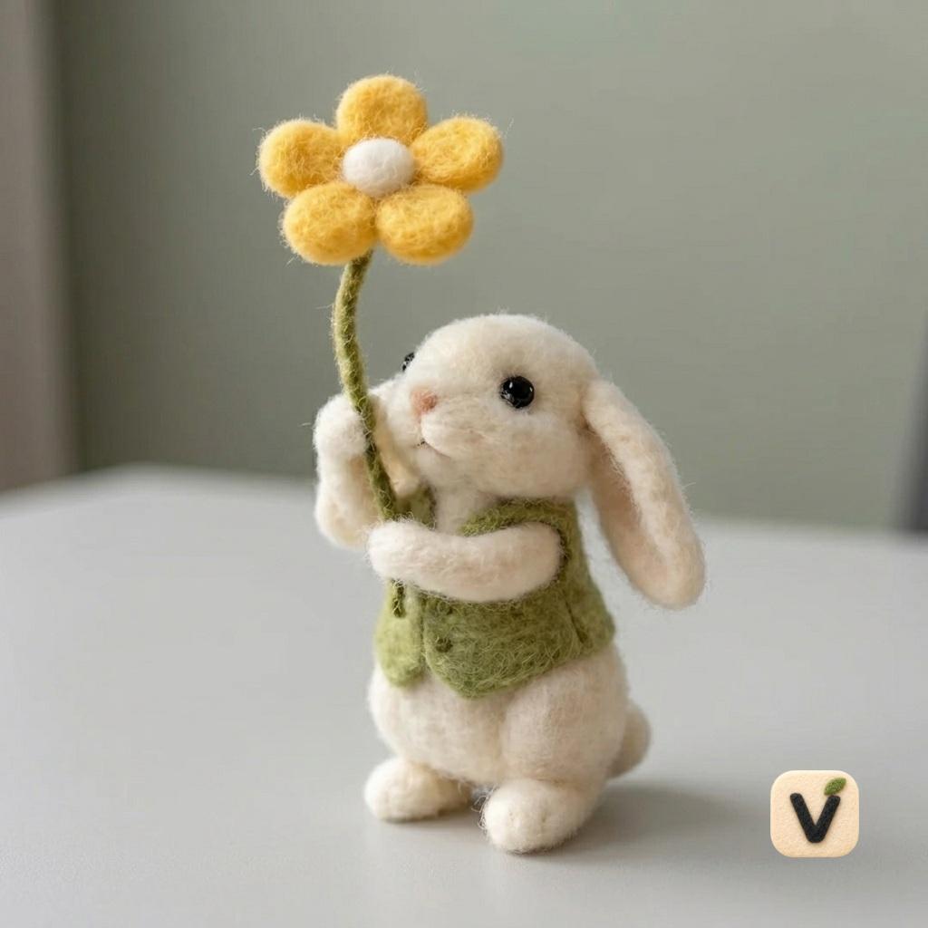 Handmade Wool Felt Lop-Eared Rabbit with Yellow Flower Figurine – Cute Spring Decor