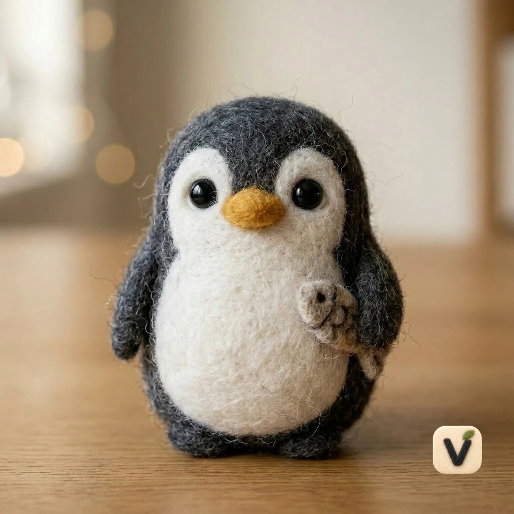 Handmade Wool Felt Cute Penguin Figurine Holding Small Fish – Kawaii Animal Desktop Ornament
