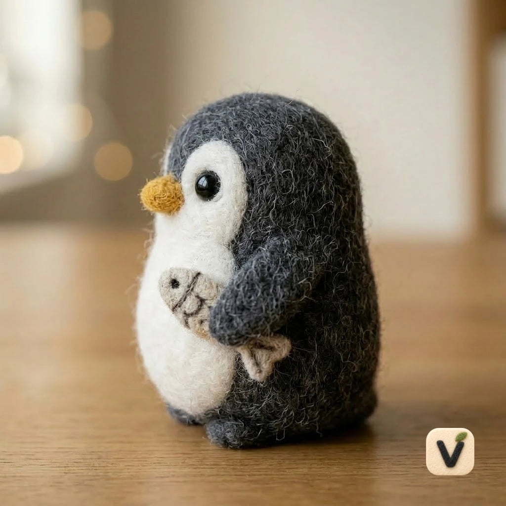 Handmade Wool Felt Cute Penguin Figurine Holding Small Fish – Kawaii Animal Desktop Ornament