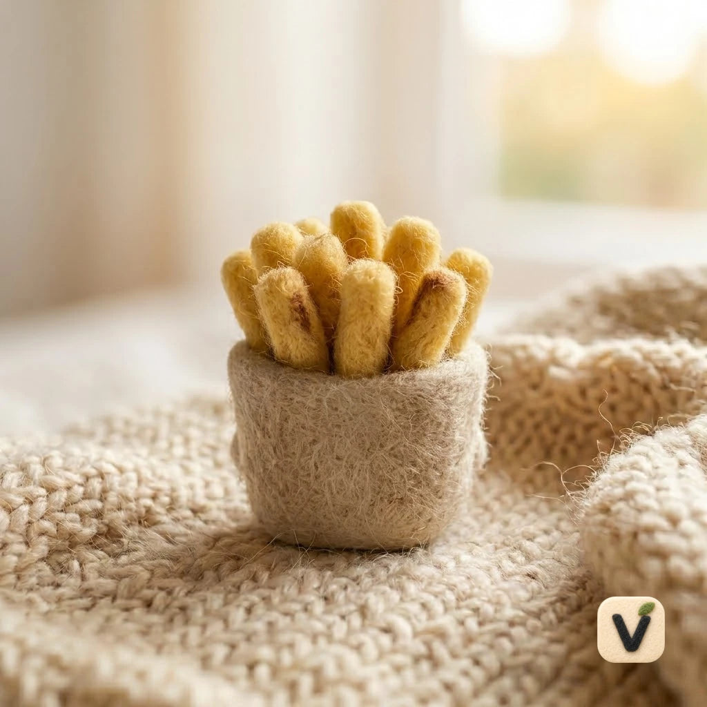 Handmade Wool Felt French Fries Box Figurine – Cute Snack Desktop Ornament