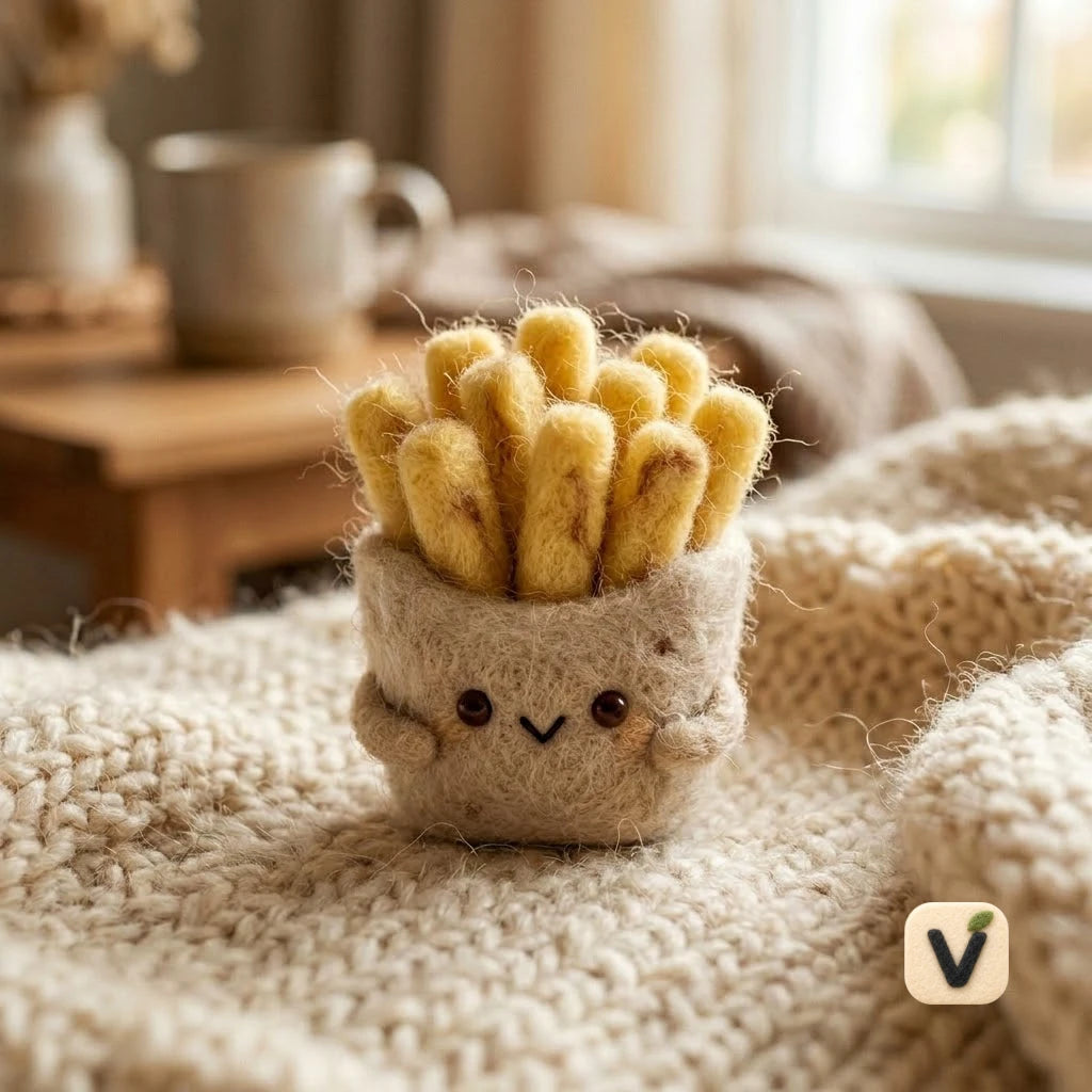 Handmade Wool Felt French Fries Box Figurine – Cute Snack Desktop Ornament