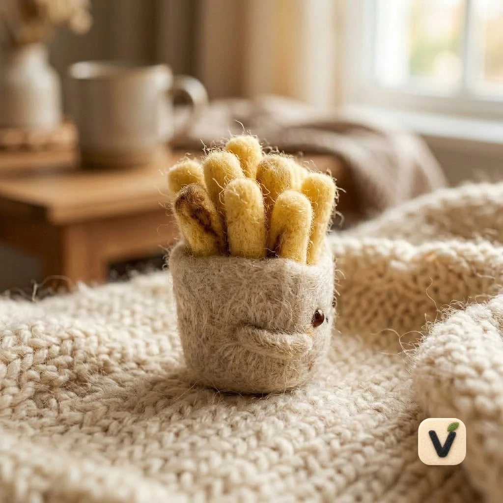 Handmade Wool Felt French Fries Box Figurine – Cute Snack Desktop Ornament